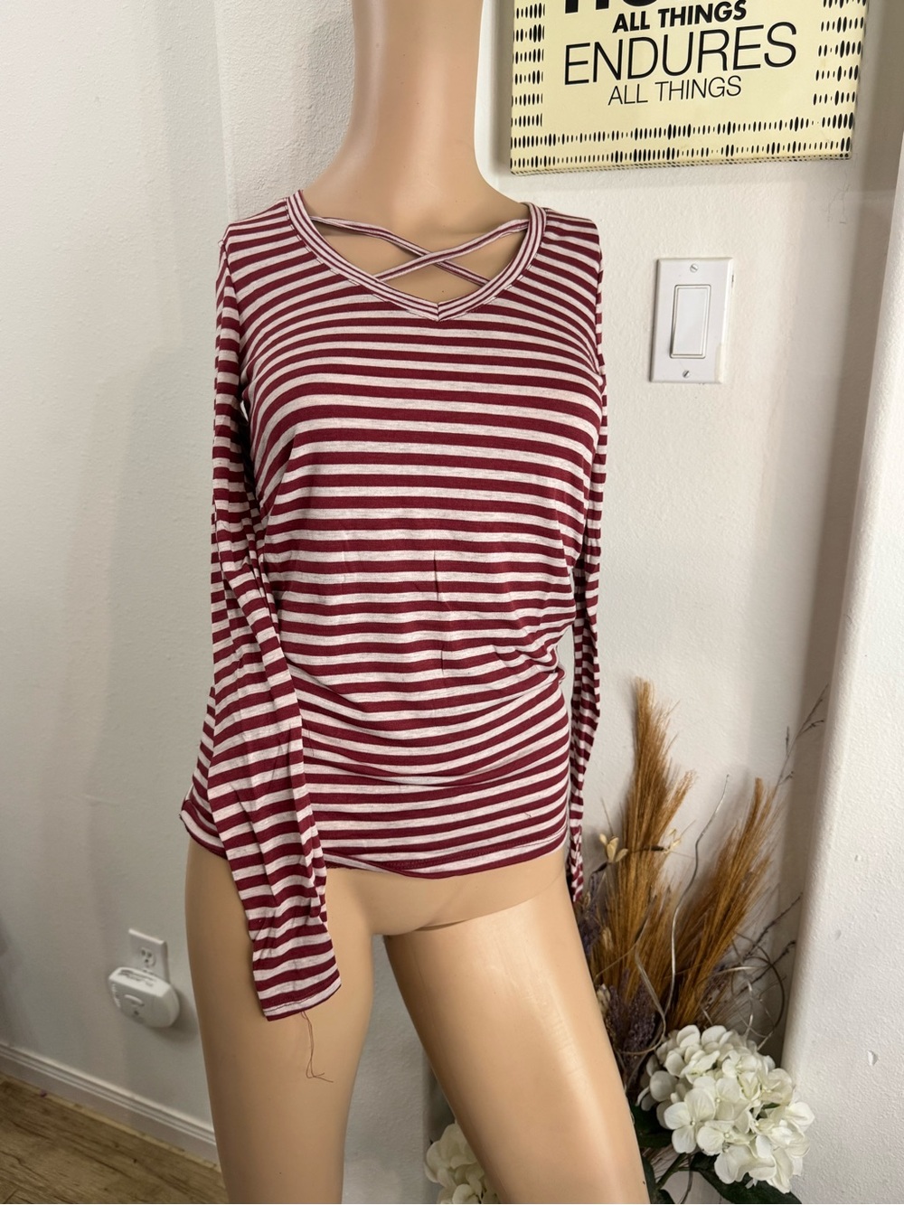 Poof! Burgundy and White Striped Crisscross V-Neck Long Sleeve Top